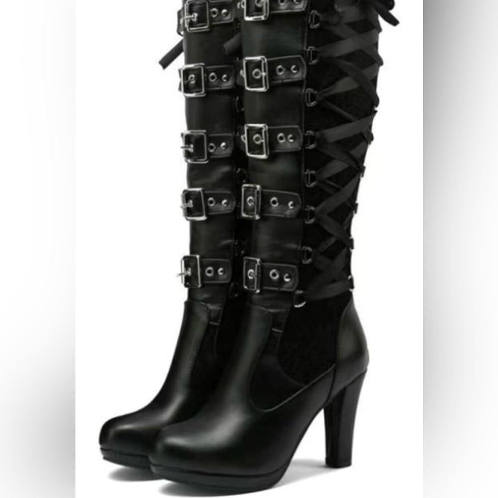 Fairsoma Womens Black Lace-Up 4” Heeled Boots w/ non slip sole & buckle accents - Picture 3 of 8
